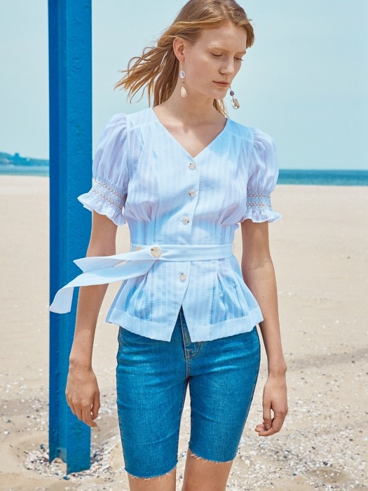 SMOCK POINT BELTED BLOUSE_WHITE