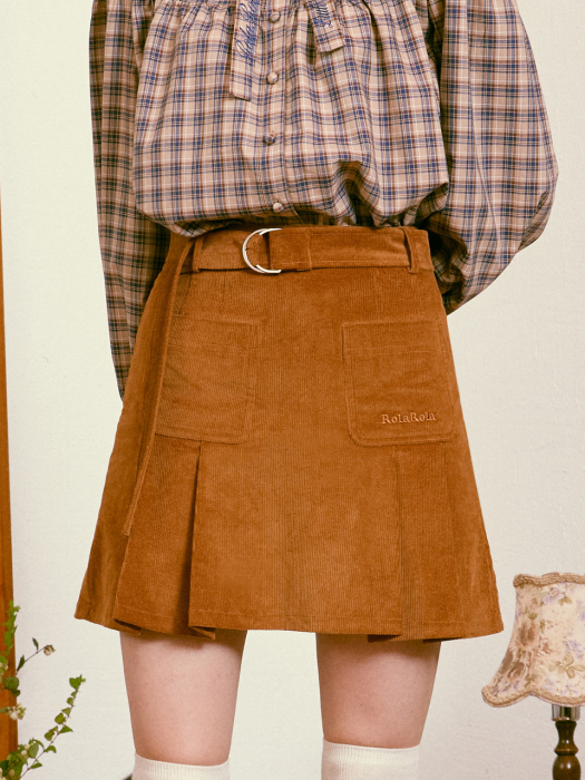 (SK-20546) CORDUROY BELT PLEATS SKIRT BROWN