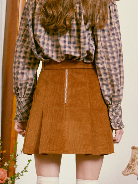 (SK-20546) CORDUROY BELT PLEATS SKIRT BROWN