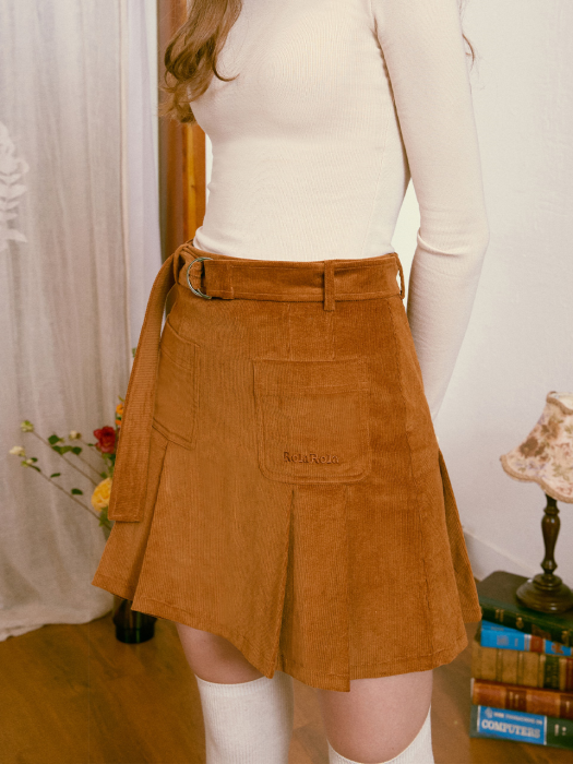 (SK-20546) CORDUROY BELT PLEATS SKIRT BROWN