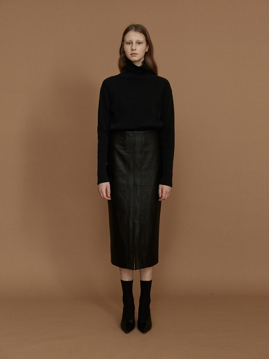 Eco leather slit pencil skirt_Black