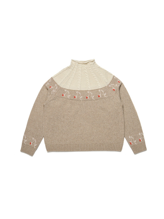 Floral Rams Wool Cable Turtleneck Knit_Ivory