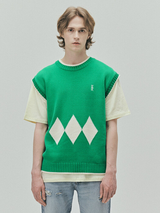 BENSIMON ARGYLE KNIT VEST (UNISEX) - GREEN