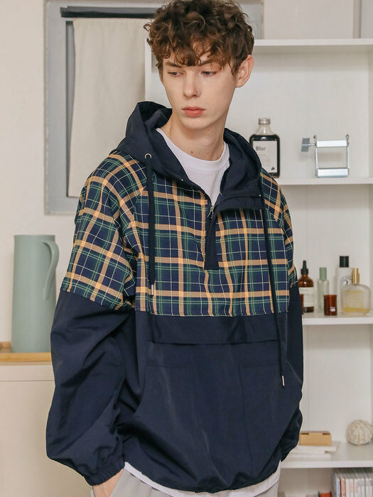 [UNISEX] CHECK ANORAK HOODIE JUMPER_NAVY