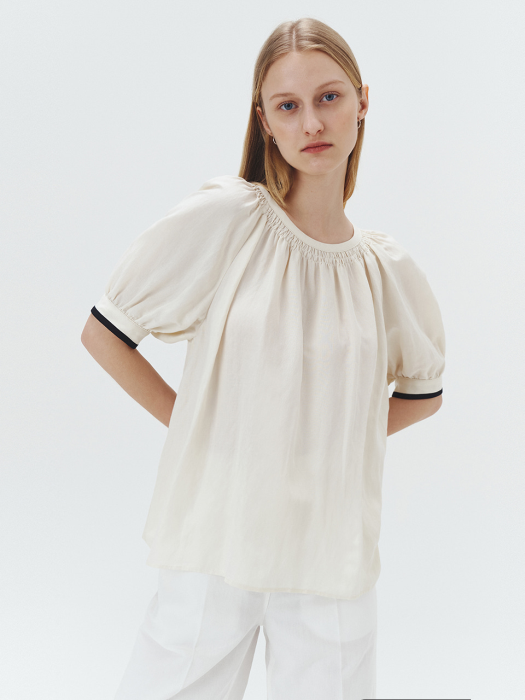 TRIMMED SHIRRING BLOUSE CHAMPAGNE_UDBL1E211CR
