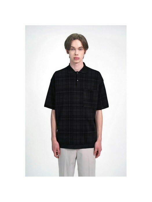 check pattern collar-neck short sleeve sweater_CWWAM21203BKX