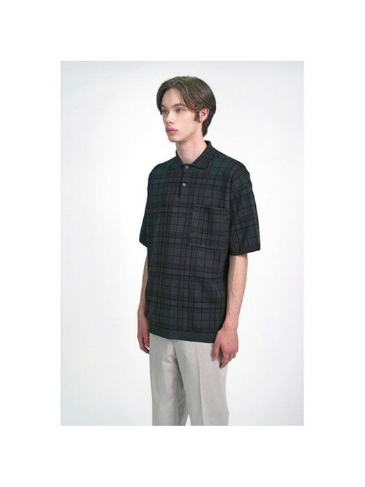 check pattern collar-neck short sleeve sweater_CWWAM21203BKX