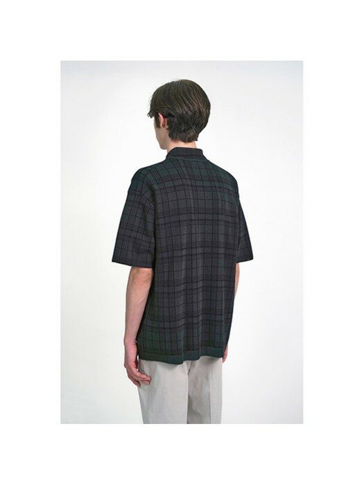 check pattern collar-neck short sleeve sweater_CWWAM21203BKX