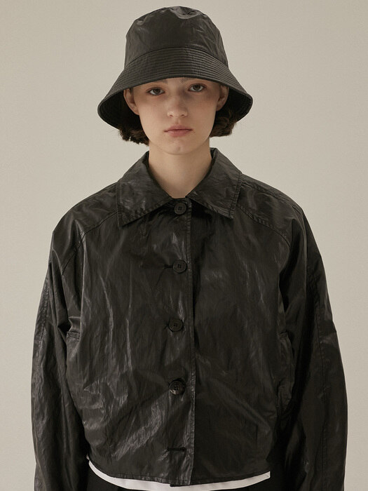 Wrinkled Fake Leather Crop Jacket - Black