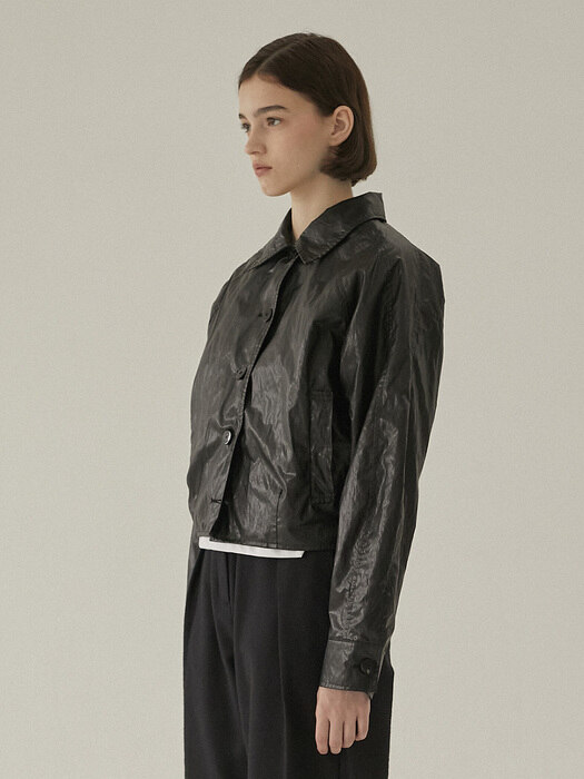 Wrinkled Fake Leather Crop Jacket - Black