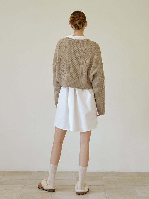 Cable crop round wool Knit (beige) 
