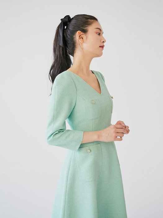 ULANNI V neck A-line tweed dress (Light mint)