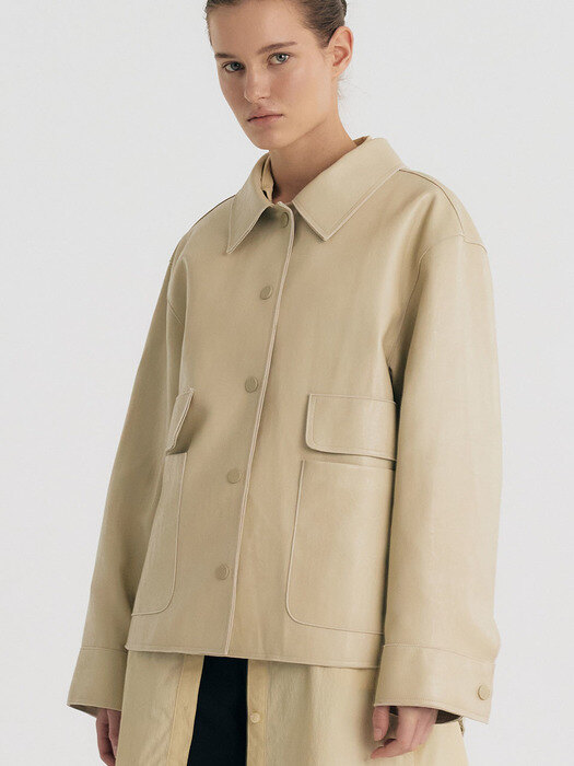 Eco-Leather Pocket Shirt Jacket (Ash Ivory)