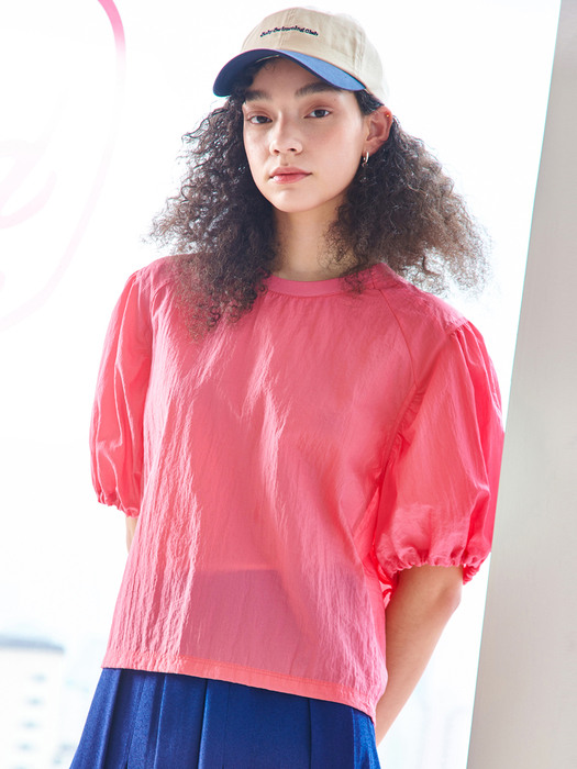 PUFF SLEEVE ROUND NECK BLOUSE_PINK [U1M0B40422]