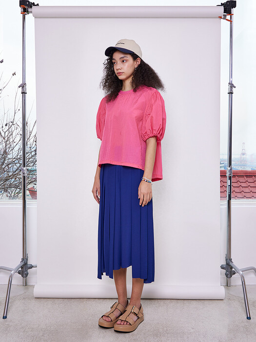 PUFF SLEEVE ROUND NECK BLOUSE_PINK [U1M0B40422]