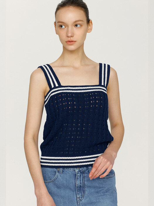 KAHUKU Sleeveless knit top (Navy&White)