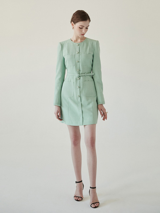 MADELINE Semi A-line tweed dress (Black/Emerald green)