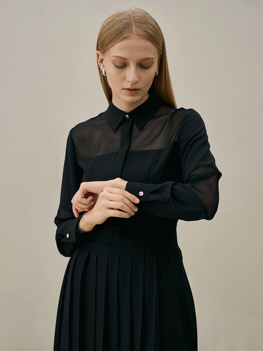 LILIAN See-through pleated skirt dress_black
