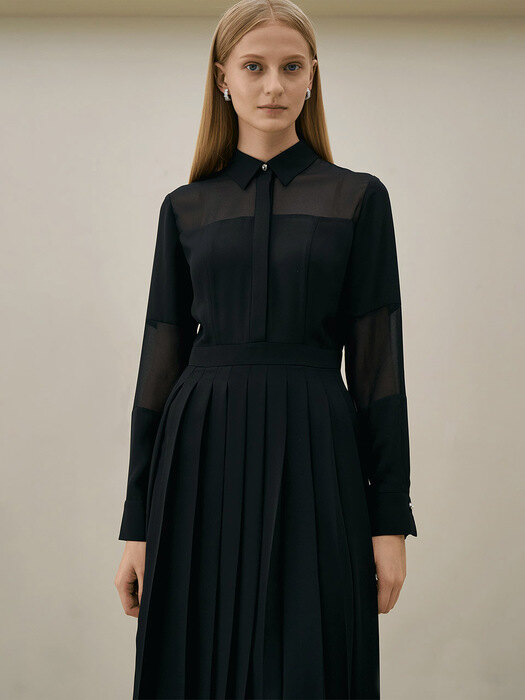 LILIAN See-through pleated skirt dress_black