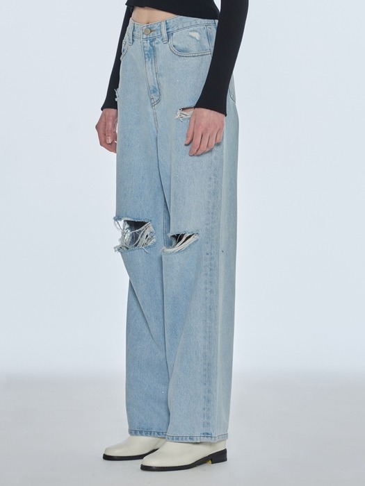 STUD DAMAGE DENIM PANTS (blue)