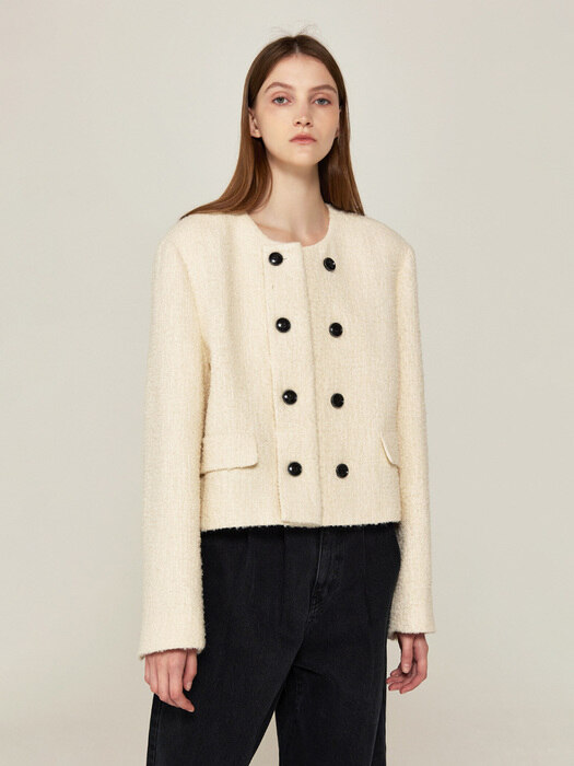 Collarless Tweed Jacket (IVORY)