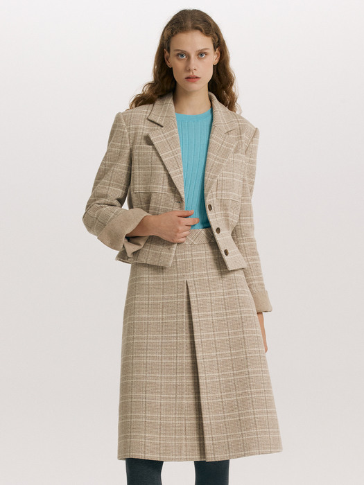 [SET]FINSBURY Tuck detail crop wool jacket + FENCHURCH A-line midi skirt (Beige check)