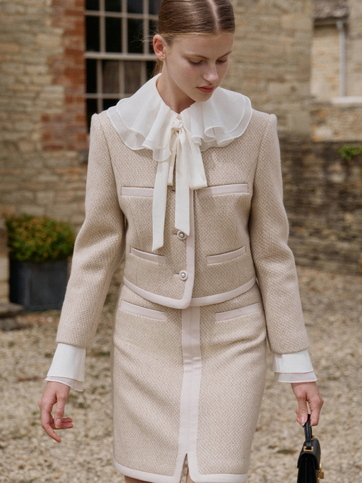 [SET]MAMIE Combination wool short jacket + EMERY Combination A-line wool skirt (Sand beige&Ivory)