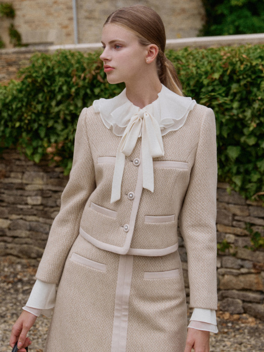 [SET]MAMIE Combination wool short jacket + EMERY Combination A-line wool skirt (Sand beige&Ivory)