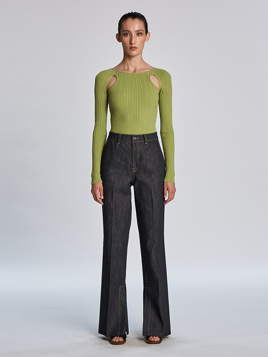 RIBBED HOLE POINT SLIM KNIT PULLOVER (GREEN)