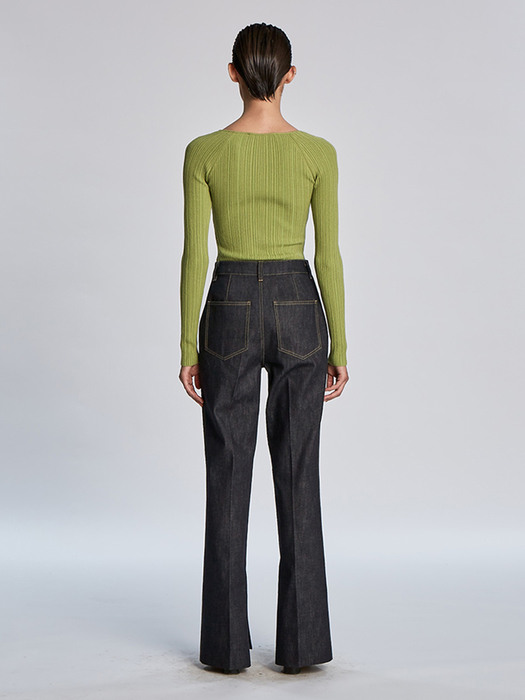 RIBBED HOLE POINT SLIM KNIT PULLOVER (GREEN)