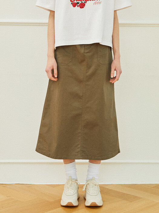 MIL-LABEL BELTED COTTON LONG SKIRT 카키