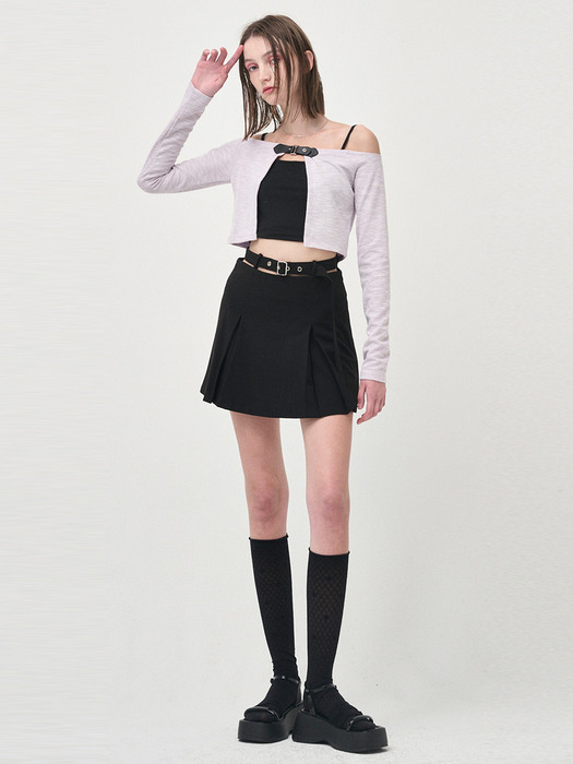 Belted Pleats Mini Skirt, Black