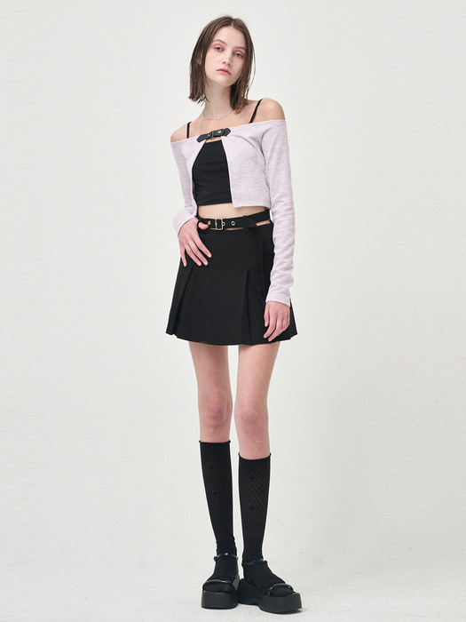 Belted Pleats Mini Skirt, Black
