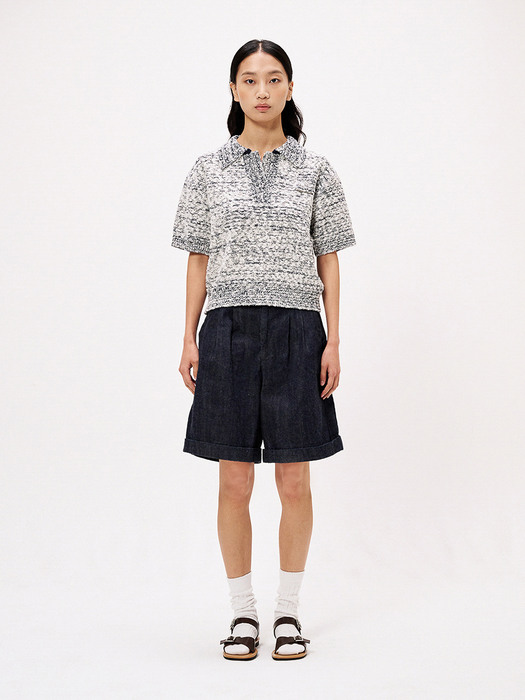 Boucle Knit Polo Shirt - Ivory & Navy