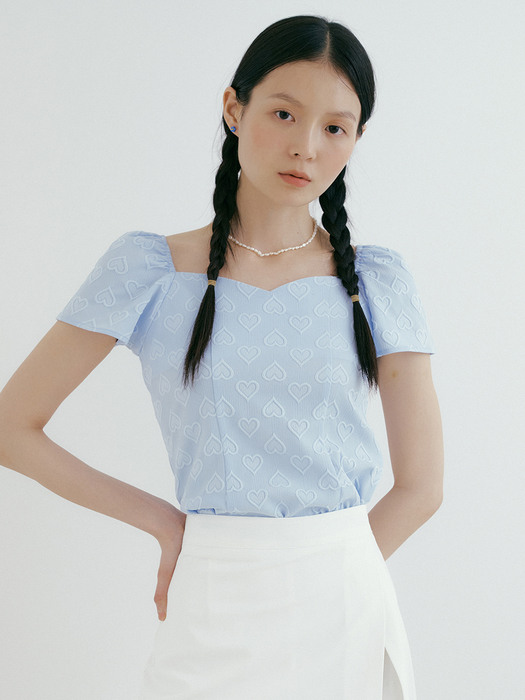 TIR PUFF-SLEEVE HEART NECK BLOUSE SKY BLUE