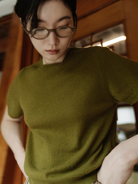 PURE CASHMERE HALF SLEEVE KNIT TOP_OLIVE