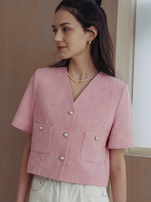 Collarless pearl button summer tweed jacket(Pink)