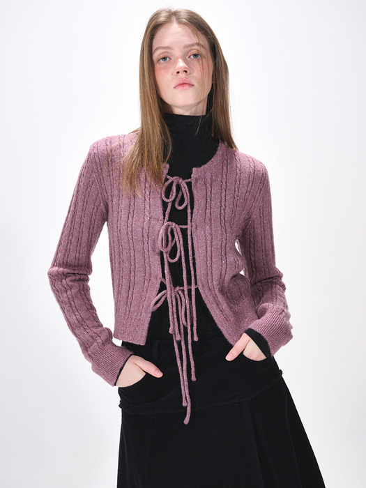 Cable Ribbon Knit Cardigan, Purple