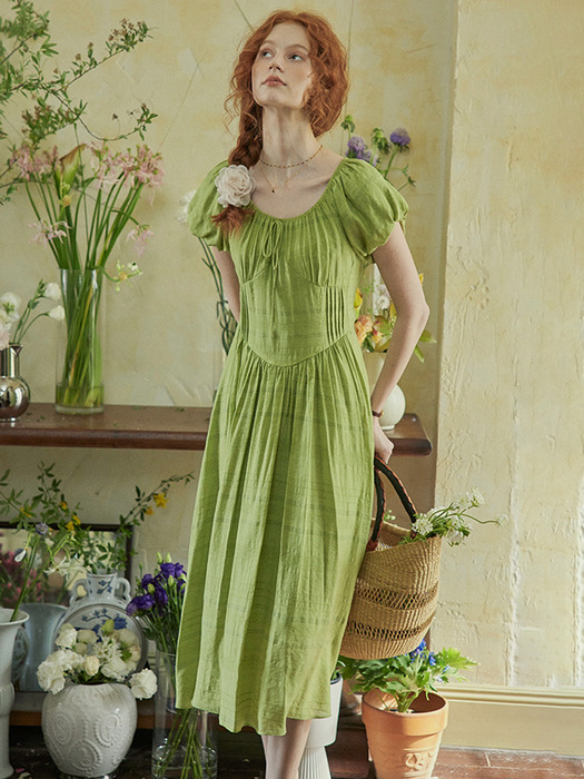 PM_Green tea bubble sleeve dress