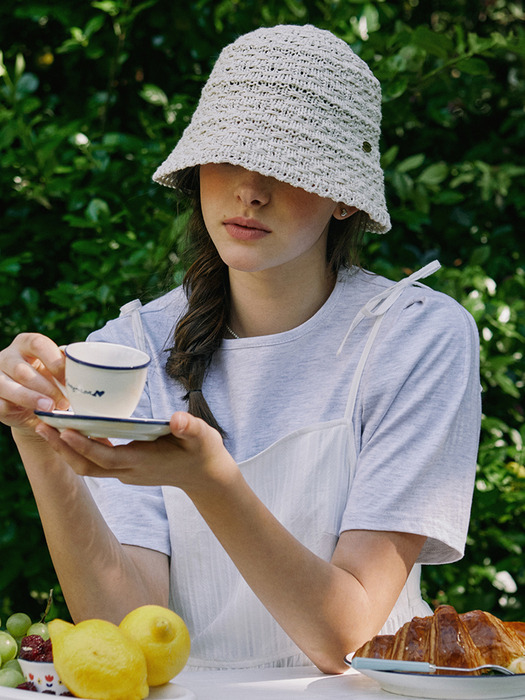 Crochet Knit Bonnet Hat - Light Beige