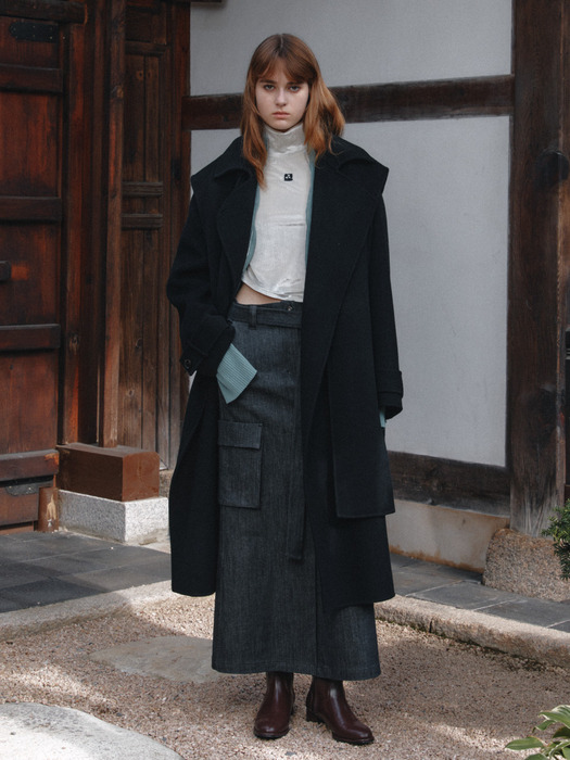 [리퍼브]MANIERE Cashmere Blend Handmade Coat with Muffler_Black