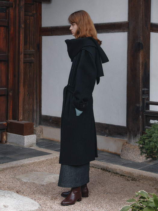 [리퍼브]MANIERE Cashmere Blend Handmade Coat with Muffler_Black