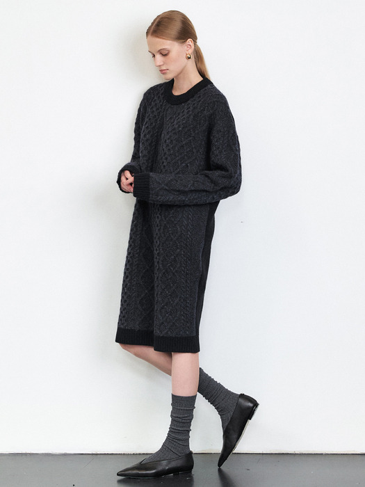 MERINO WOOL BLENDED HAIRY KNIT DRESS [IVORY][BLACK]