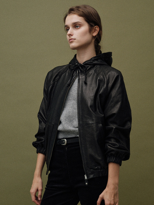 Hooded leather blouson jacket (Black)