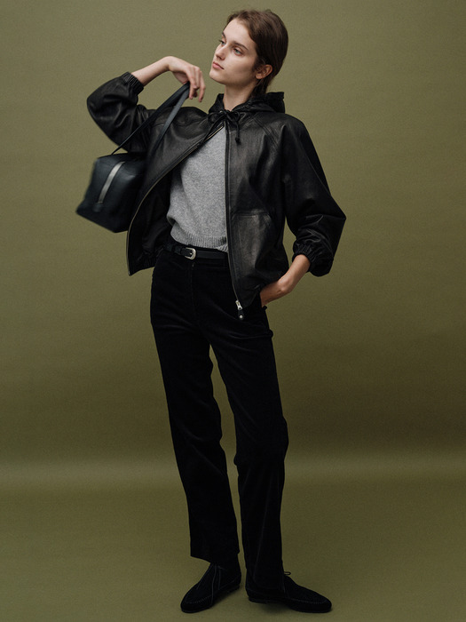 Hooded leather blouson jacket (Black)