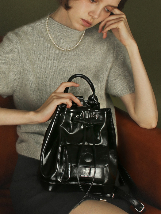 Leather ribbon string mini backpack _ Black