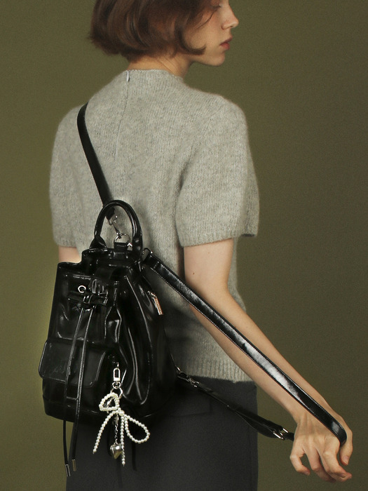 Leather ribbon string mini backpack _ Black