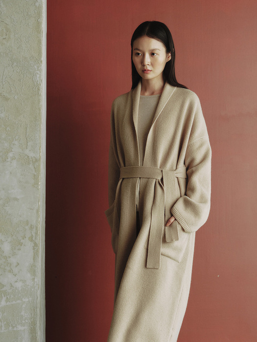 LONG BELT KNIT COAT_PALE BEIGE