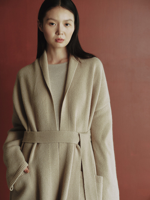 LONG BELT KNIT COAT_PALE BEIGE