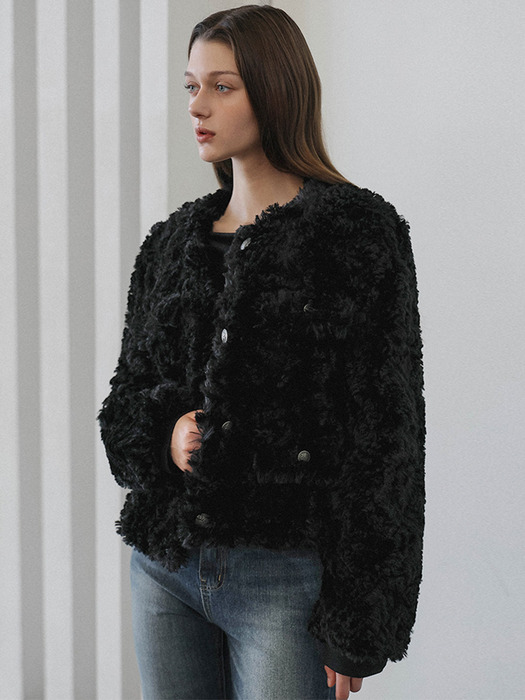 Round Fur Tweed Jacket [Black]